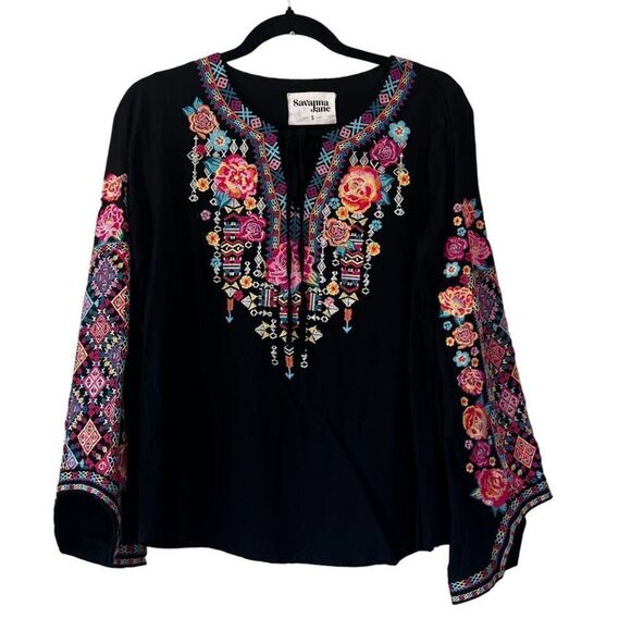 New! Savanna Jane Black Embroidered Boho Peasant Blouse Size Small - Picture 2 of 7